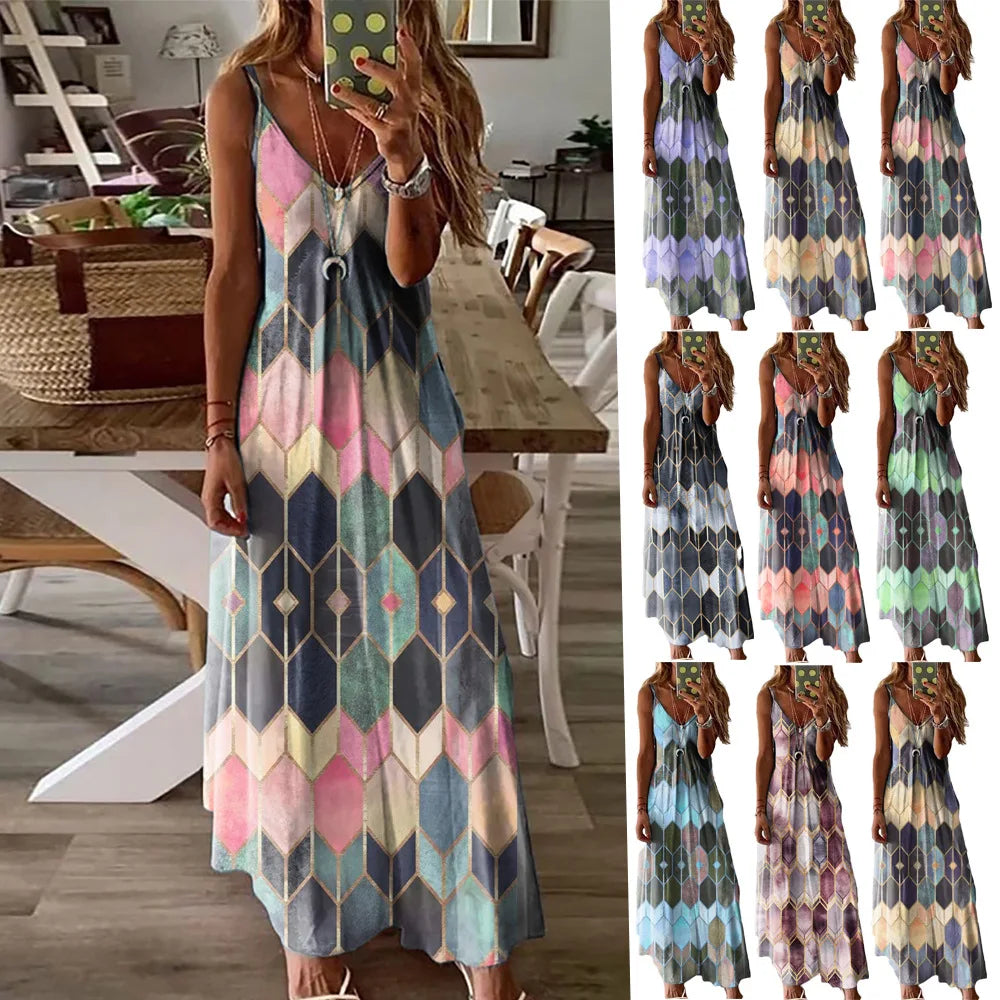 2024Women's Summer Casual Printed Camisole Vest Dress Long Dress - Seprincess