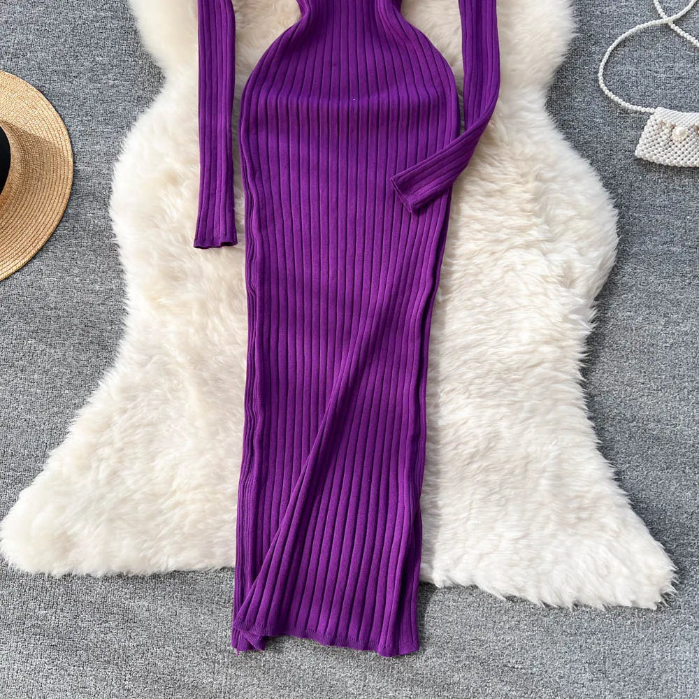 SINGREINY Winter Women Knit Maxi Dress O Neck Autumn Long Sleeve Slim Solid Harajuku Ladies Fashion Pencil Sweater Long Dresses - Seprincess