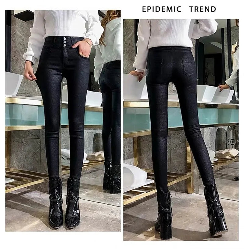 Add Velvet/No Velvet Black Faux PU Leather Pants Women's High Waist Stretch Leggings Autumn Winter Casual Skinny Pencil Trousers