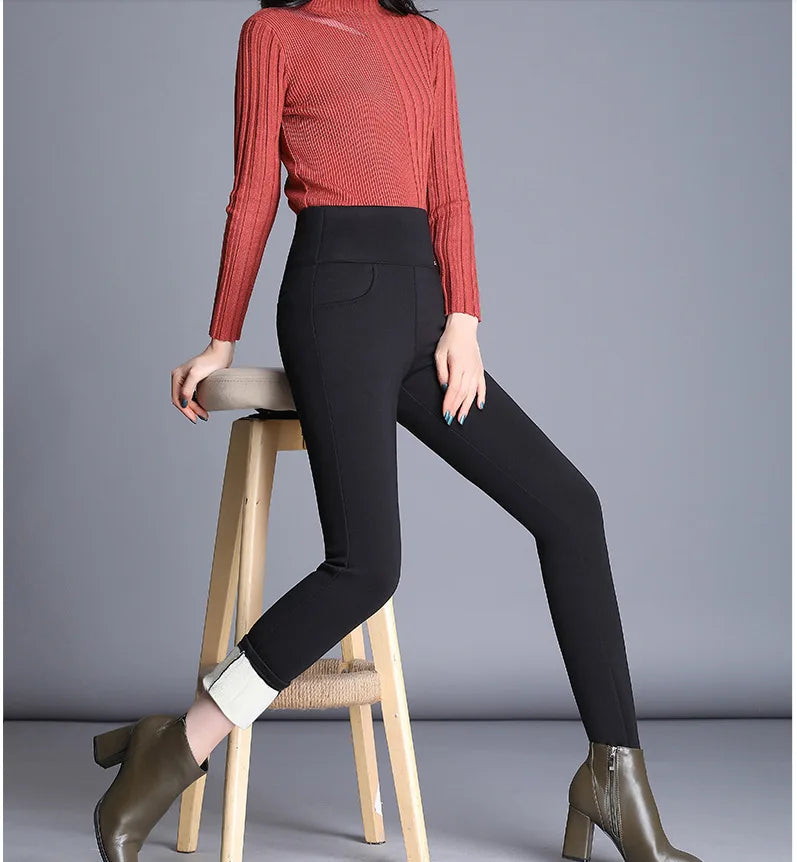 Thin&Thick Fleece Women Autumn Winter Slim Pants Solid Pocket Casual All-Match Pencil Pants Office Lady's Basic Elegant Trousers