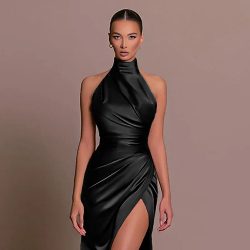 Women Elegant Long Evening Cocktail Party Dress Sexy Halter Backless Ruched High Split Bodycon Wedding Guest Bridesmaid Dress - Seprincess