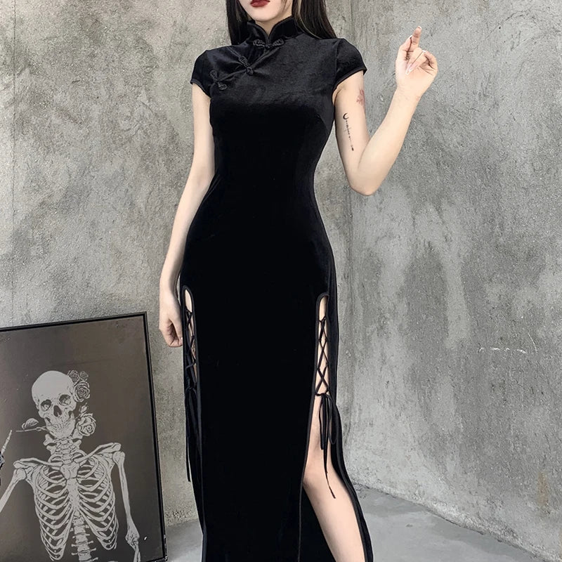 2024 Vintage Black Bandage Chinese Style Cheongsam High Split Velvet Dress Spring Retro Long Qipao Gothic Women Aesthetic Dress - Seprincess