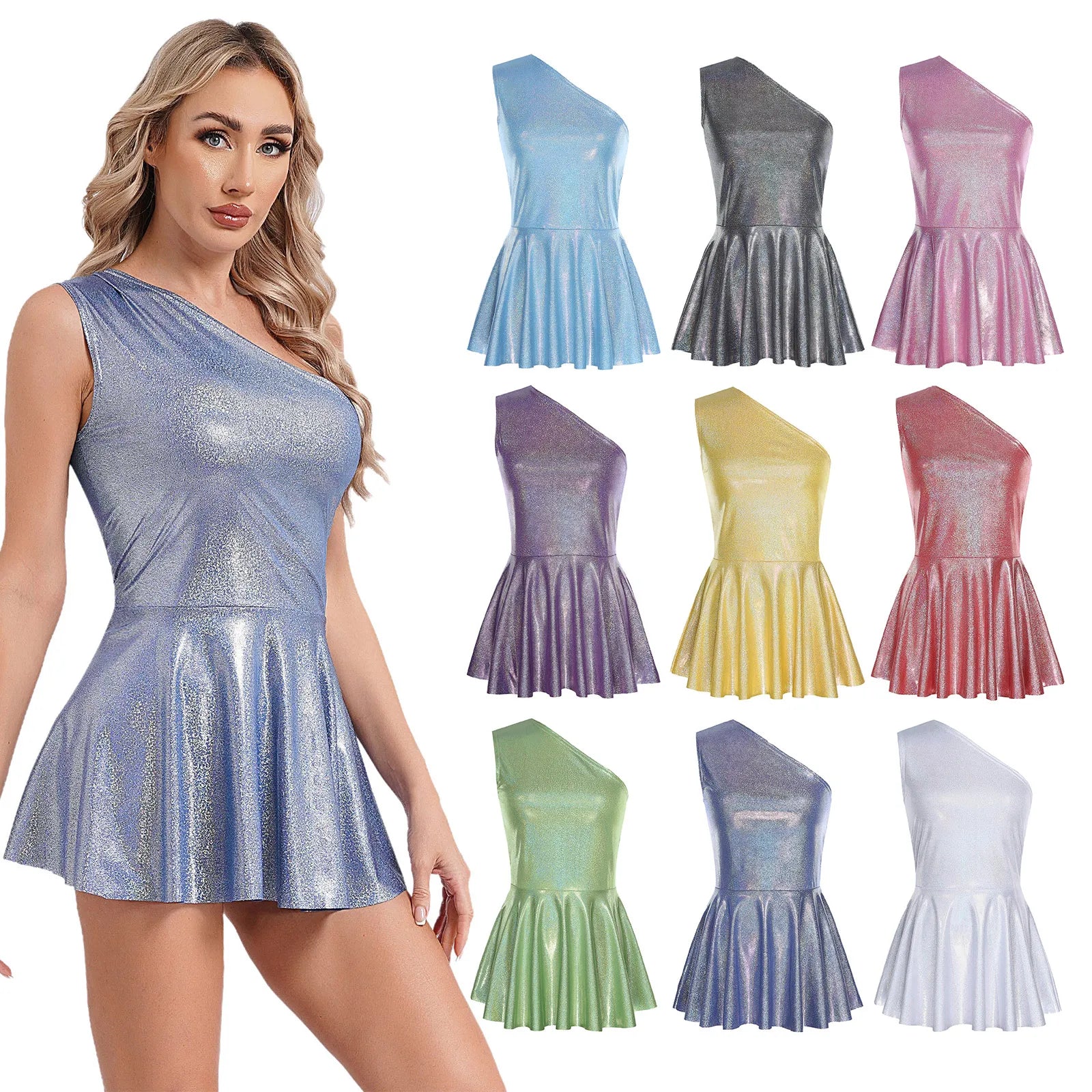 Womens Nightcub Dresses Metallic Clubbing Dress Sleeveless One Shoulder Sexy Club Mini Dress for Pole Dance Party Clubwear - Seprincess