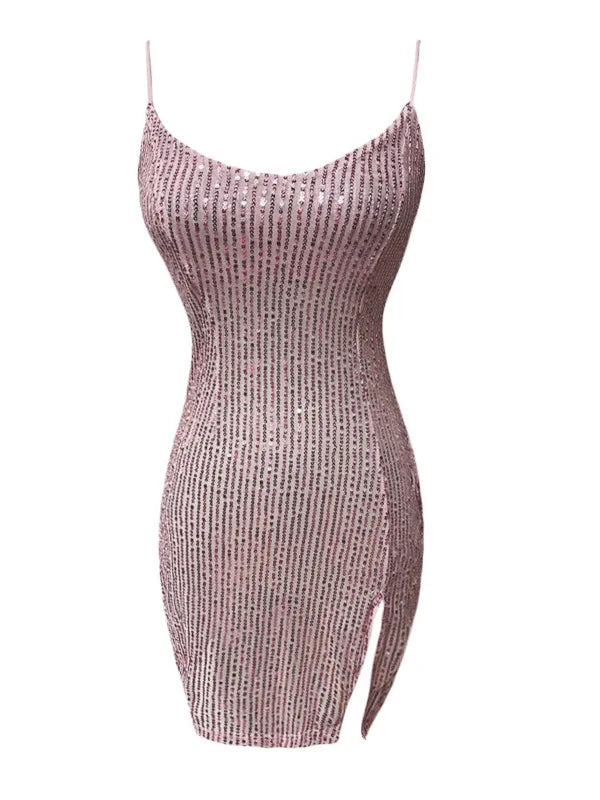 Sexy Spicy Girl Nightclub transparent Pink Sequin Low cut V-neck Short Slim Dress elegant Spice Girls nightclub 2024 new A2KX - Seprincess