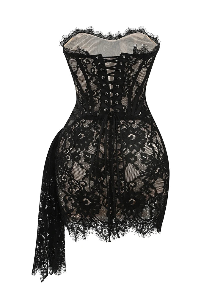 Women's Sexy Strapless Lace Corset Mini Dress Sleeveless Lace-up Adjusted Draped Black Bodycon Dresses Elegant Party Club Gowns