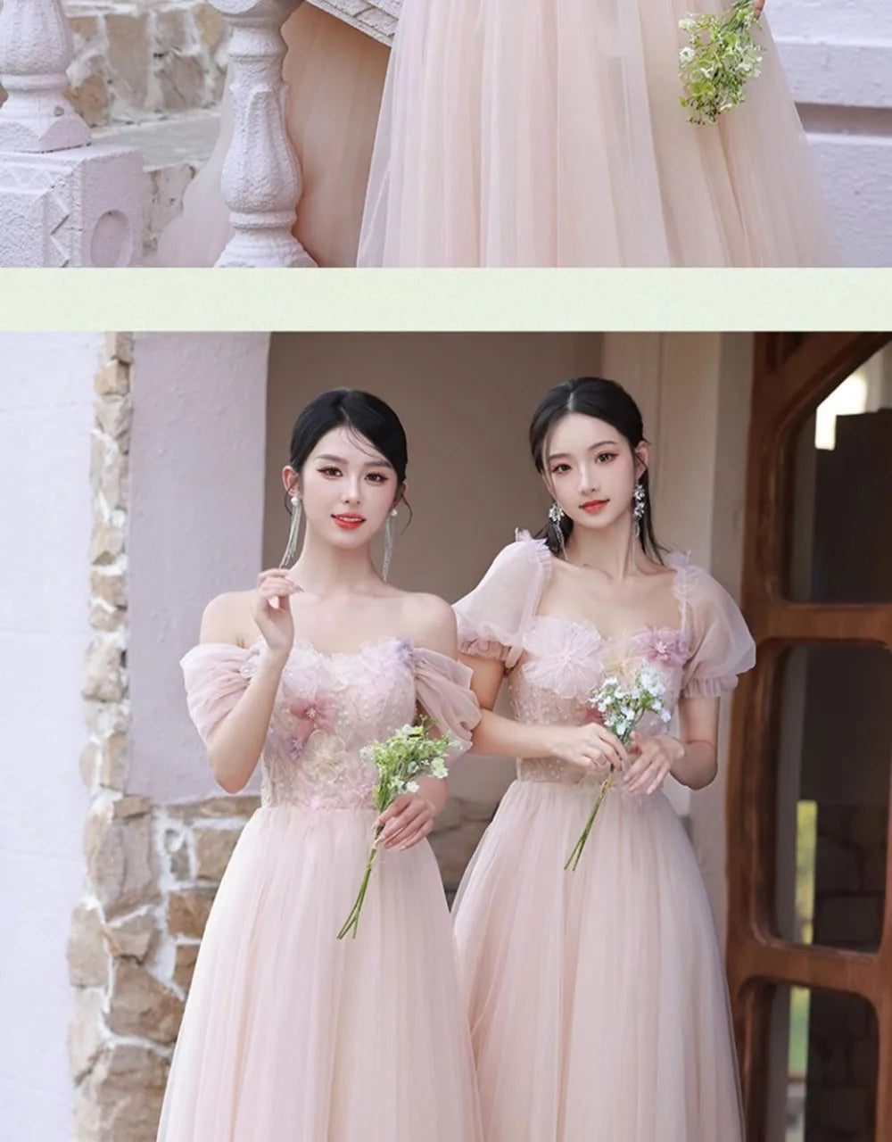 4 Styles Pink Bridesmaid Dress Women's Elegant Thin Tulle Off The Shoulder Flower Appliques A-line Wedding Party Guest Vestido - Seprincess