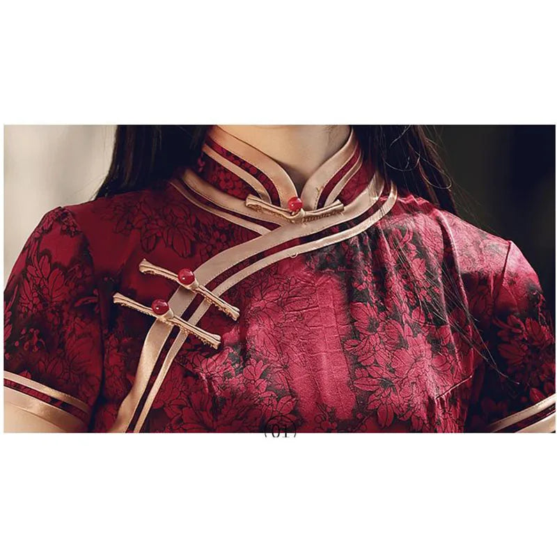 Wine Red Long Short Sleeves Cheongsam 2023 New Improved Young women Summer Silk and Satins Fashion One Piece Chinese Qipao Dress - Seprincess