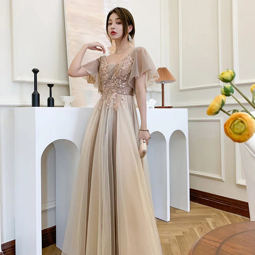 4 styles Champagne Pink Bridesmaid Dress Women's Elegant Off Shoulder Ruffles Sleeves Gown Sequins Flower Applique Vestido - Seprincess