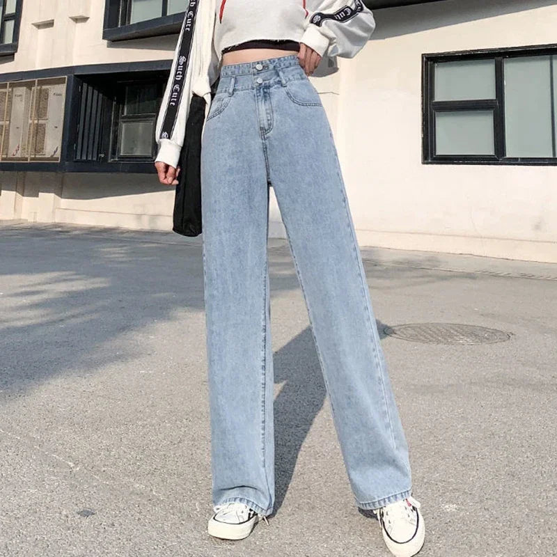 Woman High Waist Wide Leg Jeans Girls Fashion loose Straight Leg Pants Female Streetwear Light Blue Retro Blue Denim Trousers