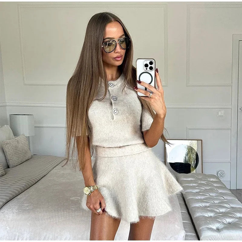 Elegant Knit Mini Skirts Suits Women Loose Round Neck Shorts Sleeves Tops High Waist Skirt Female 2024 Autumn Solid  Lady Sets - Seprincess