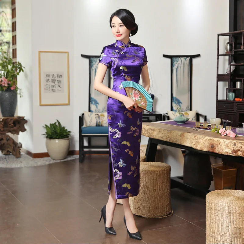 Short Sleeve Long Qipao Purple Brocade Satin Cheongsam Female Sexy Butterfly Flower Qipaos Chinese Style Banquet Gown Vestidos - Seprincess