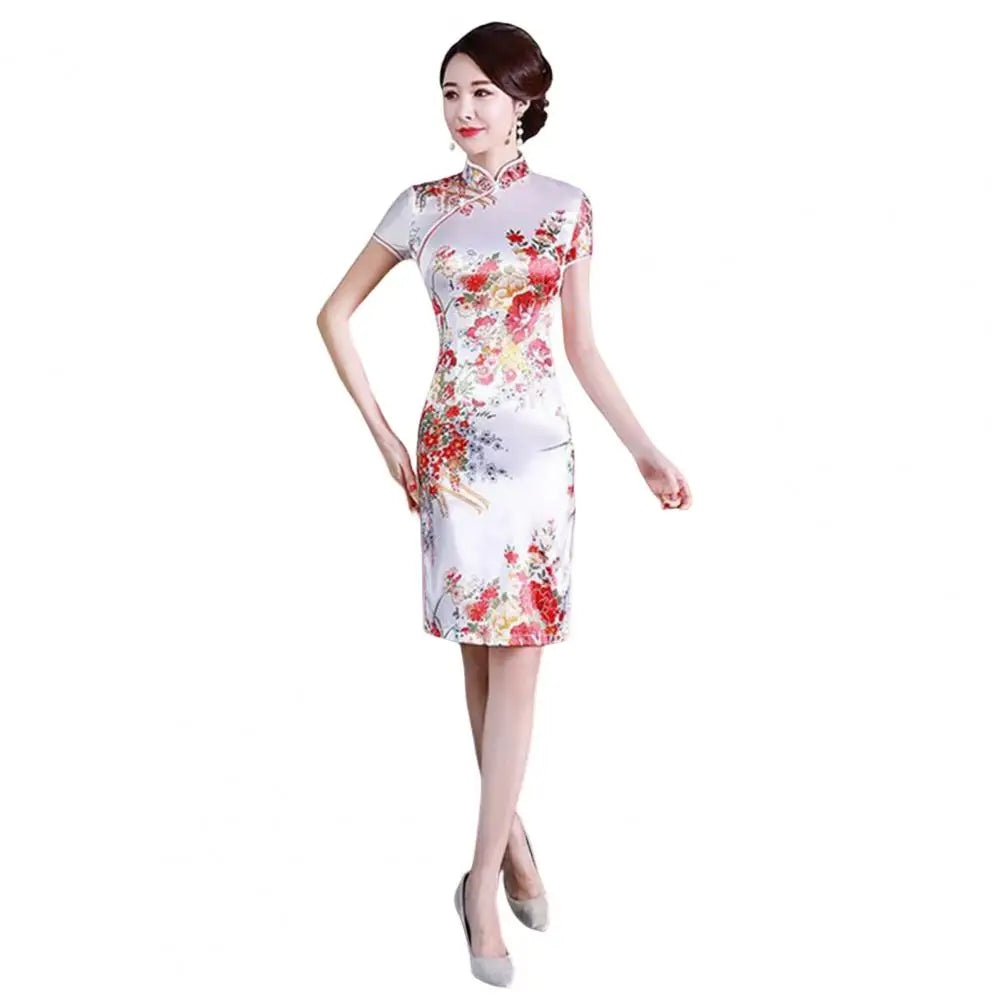 Women Cheongsam Mandarin Collar Short Sleeve Disc Buckles Side Split Lady Cheongsam Flower Print Chinese Style Qipao - Seprincess