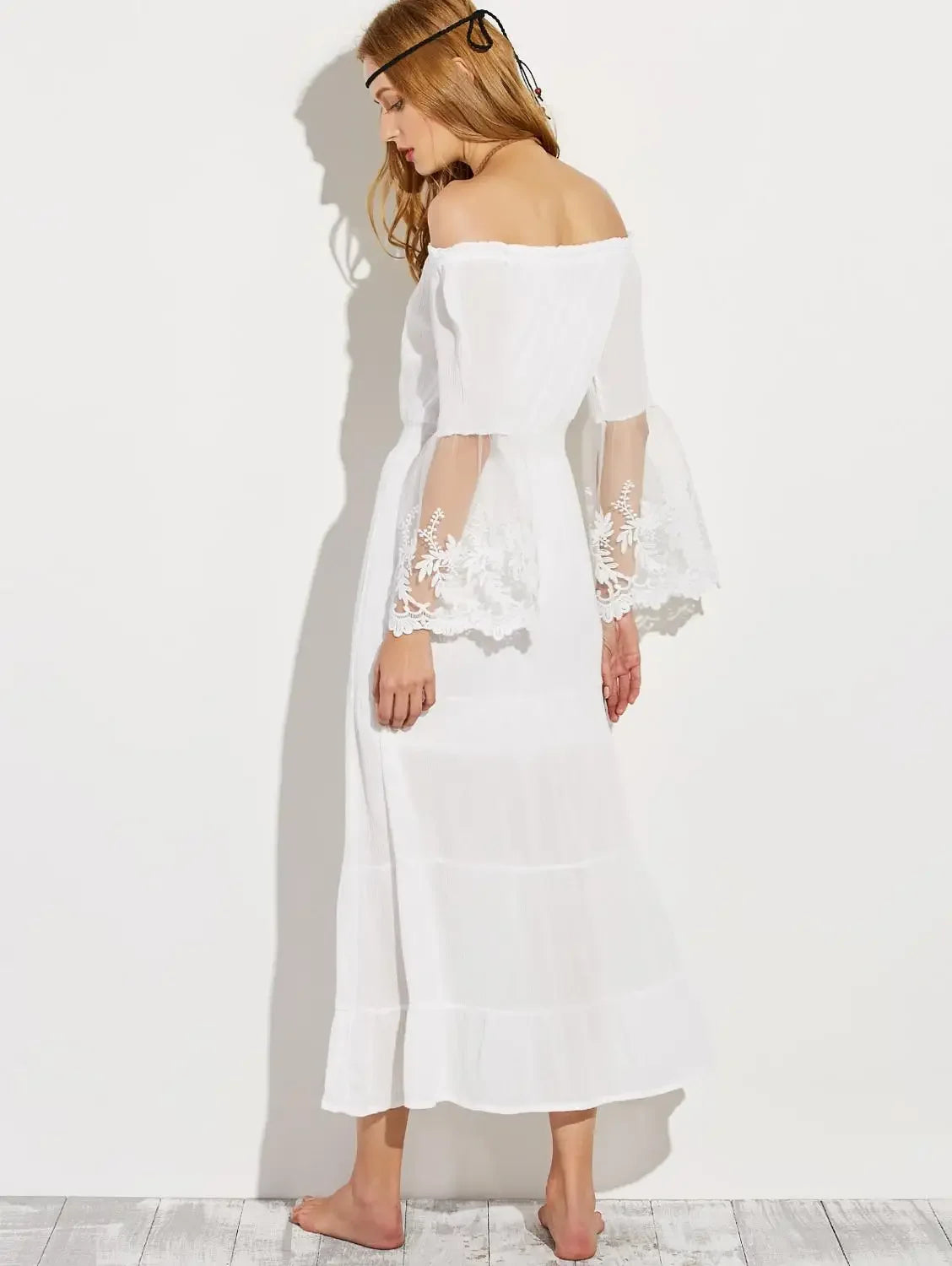 TEELYNN boho dress white sexy off the shoulder beach sundress Flare long sleeve splice lace women dresses summer vestidos - Seprincess