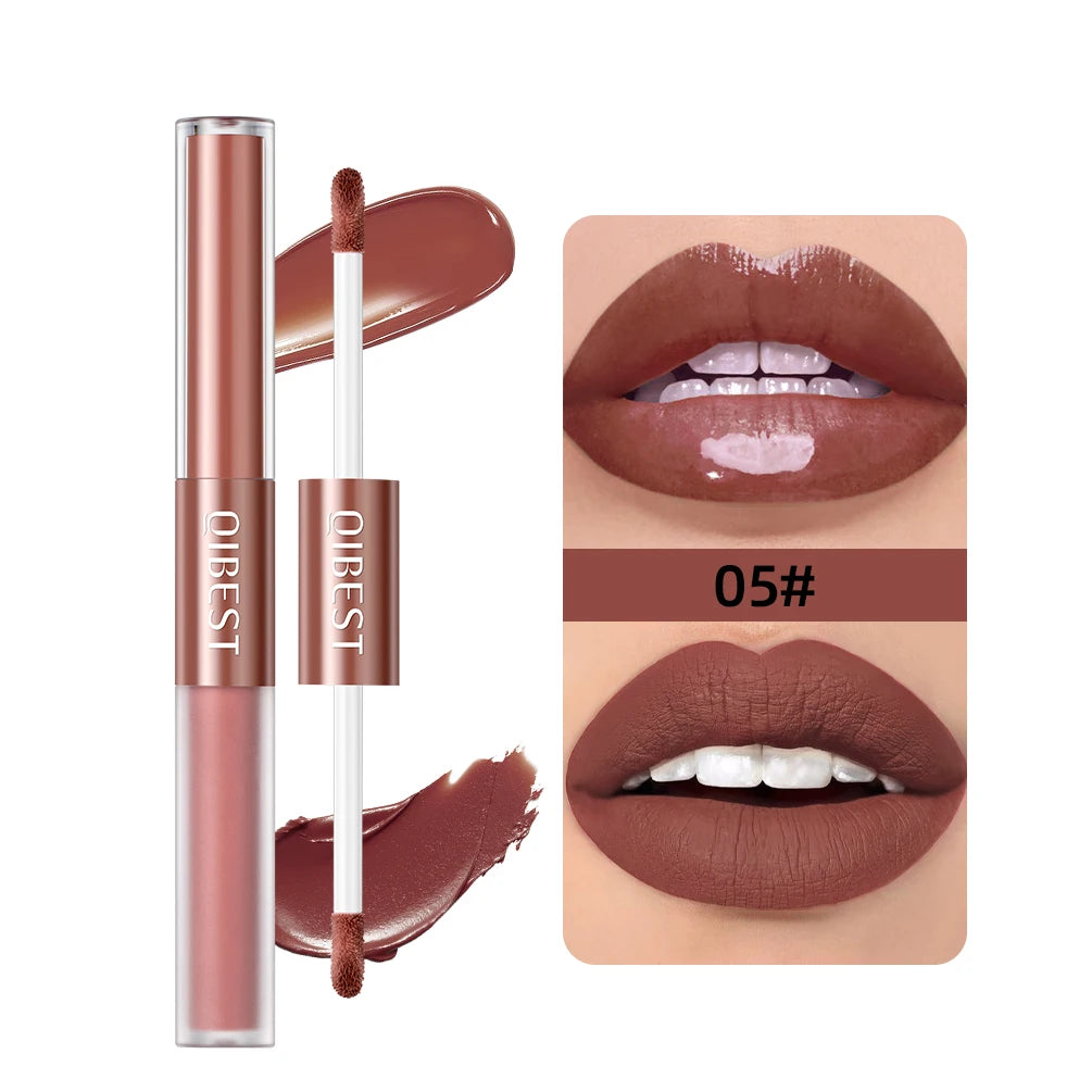 QIBEST 2023 New Double Head Matte Velvet Liquid Lipstick Waterproof Double End Mirror Lip Glaze Moisture Lip Makeup 2 In 1 Stick