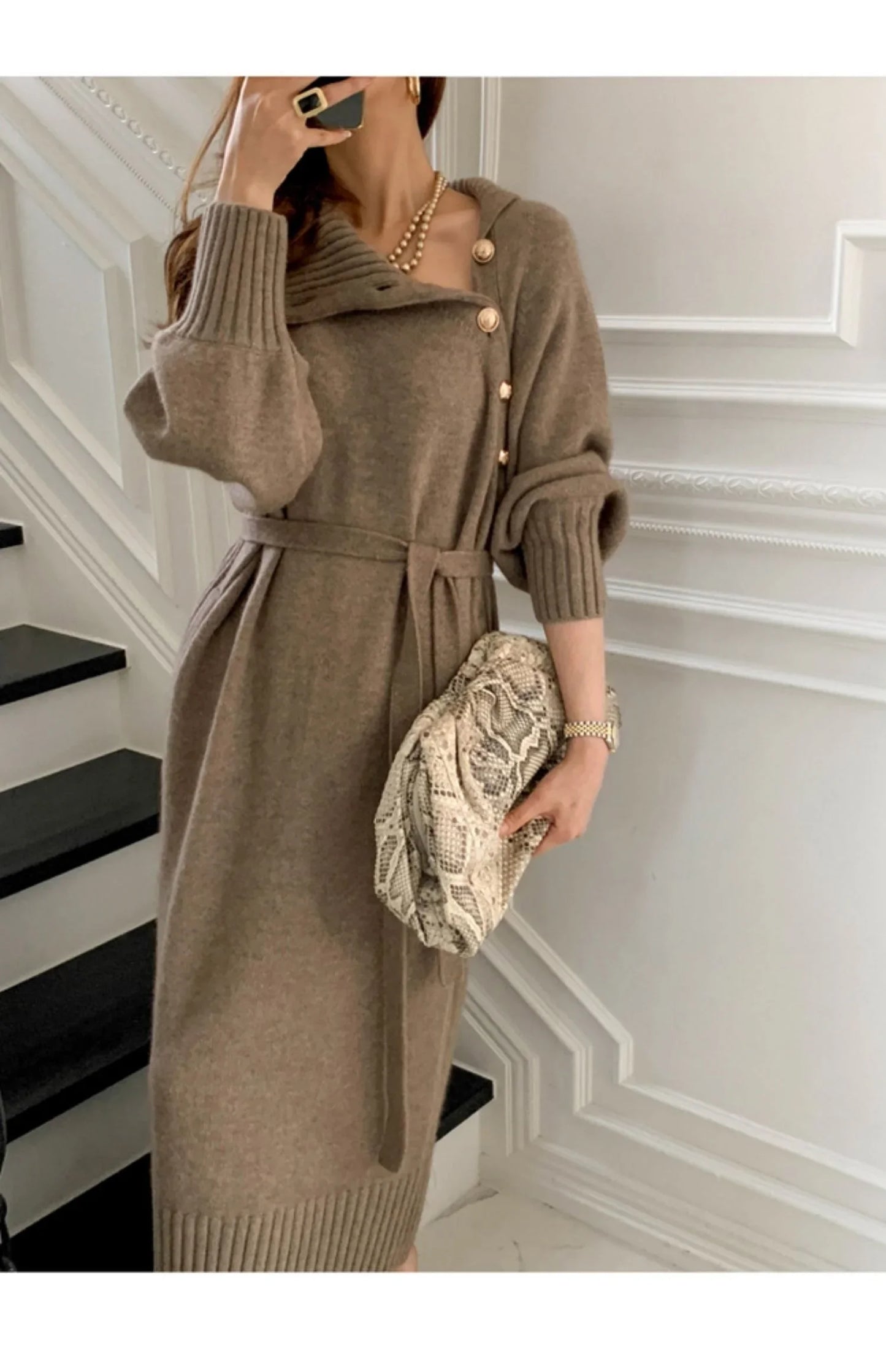 Winter Turtleneck Buttons Women Knitted Dress Elegant Full Sleeve Lace-up Female Thicken Long Dress for Sweater Autumn New