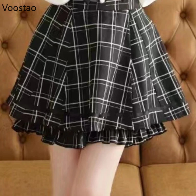 Japanese Gothic Y2k Lolita Plaid Dress Shorts Set Women Sweet Bow Sailor Collar Puff Sleeve Party Dresses Female A-Line Dress - Seprincess