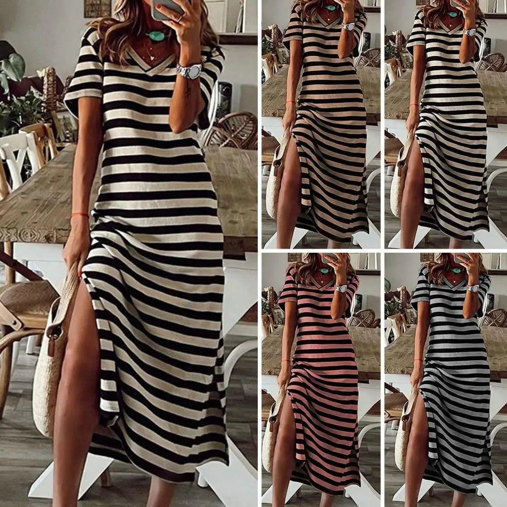 Summer Dresses 2023 Woman Plus Size Dresses For Women Casual Stripe Print V-neck Short Sleeve Loose Long Dress Robe Femme - Seprincess