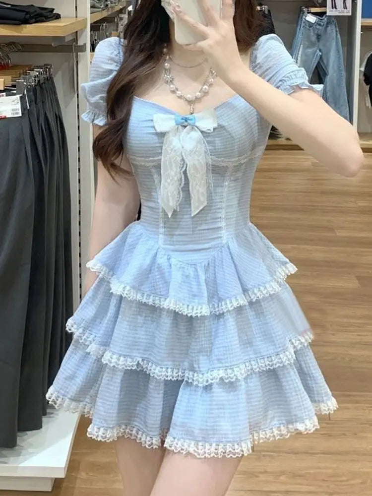 2024 Summer Sweet Kawaii Blue Plaid Dress Woman Lolita Lace Y2k Mini Dress Short Party Elegant One Piece Dress Korean Fashion - Seprincess