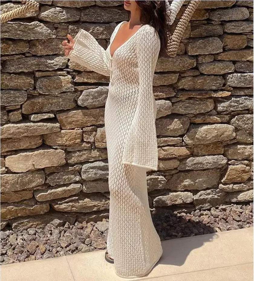 Sexy Women Long Knit Beach Dress Hollow-Out Deep V-Neck Long Sleeve Bikini Cover-Ups Dress Fall Backless Holiday Dress - Seprincess