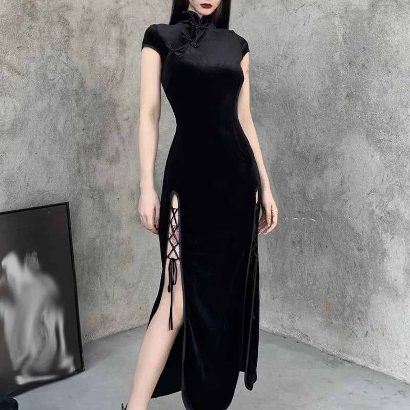 Chinese Retro Black Cheongsam Lady Elegant Evening Dresses Party Gothic Qipao Women High Split Bandage Sexy Oriental Long Dress - Seprincess