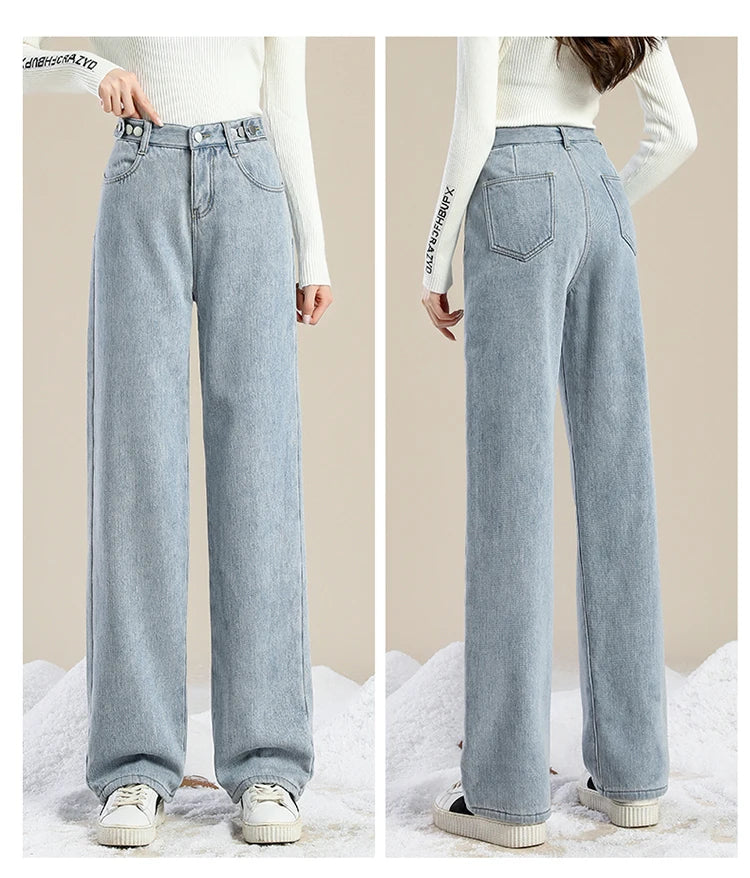 Women Pants 2023 Winter Fashion Korean Edition New Style Versatile High Waist Straight Cylinder Thick Fleece Wide Leg Jeans