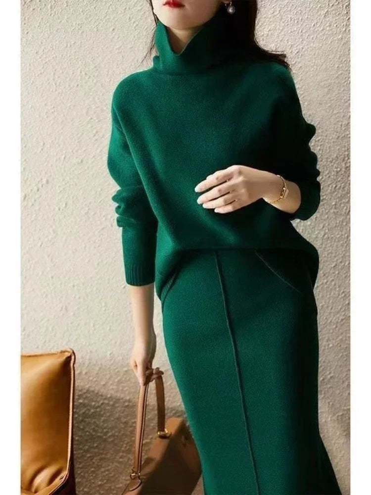 Two Piece Sets Womens Outifits 2023 Autumn High Neck Knit Sets Loose Sweater Skirt Sets Dress Korean Fashion Women Clothing - Seprincess