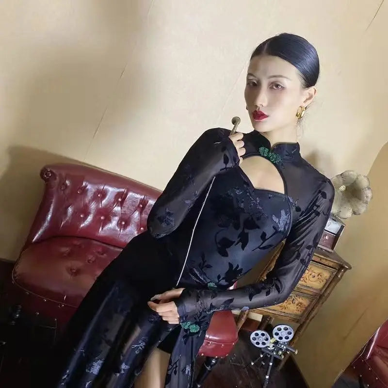 Black Chinese Elegant Dress for Women Vintage Mandarin Collar Female Sexy High Split Long Sleeve Slim Qipao Classic Cheongsam - Seprincess