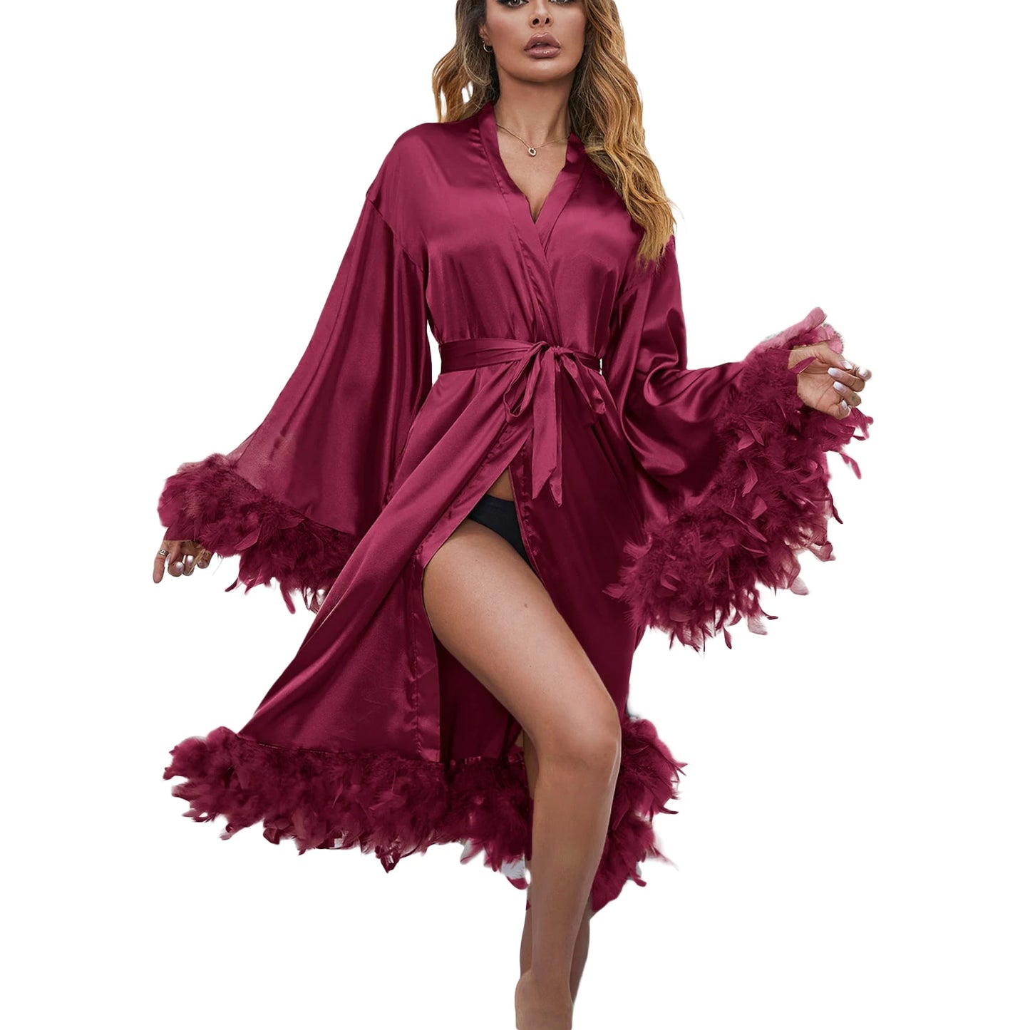 Women s Bathrobe Nightwear Feather Fur Bridal Robe Satin Lingerie Nightgown Wedding Party Bridal Dressing Gown with Belt - Seprincess