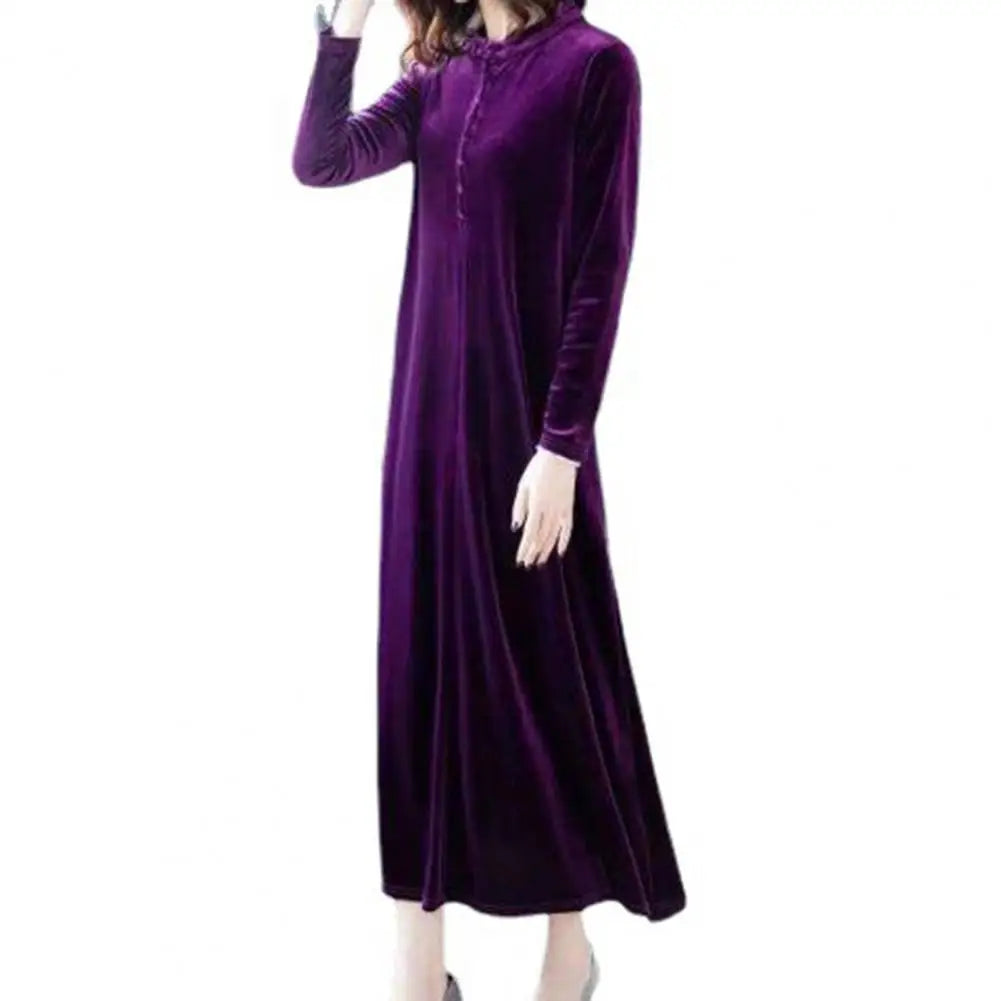 Spring Autumn Women Dress Solid Color Long Sleeves Button Female Maxi Dress Keep Warm Velvet O Neck Mid-calf Length Lady Dress - Seprincess