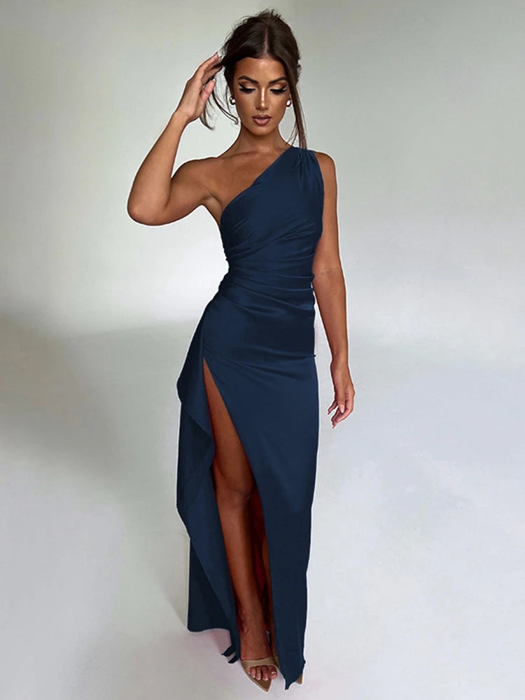 Summer Sexy One Shoulder Sleeveless Backless High Split Party Evening Dresses Elegant Cocktail Vestidos Bodycon Long Dress - Seprincess