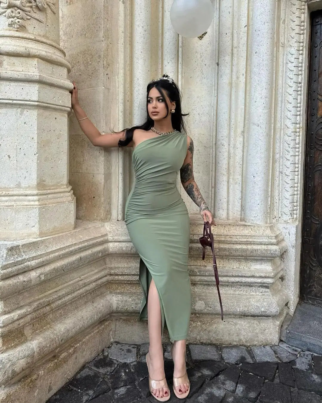 Green Dress Women Fashion Sexy Split Sleeveless Backless Slim Maxi Dress Female Casual Club Elegant Lady Evening Party Dresses - Seprincess