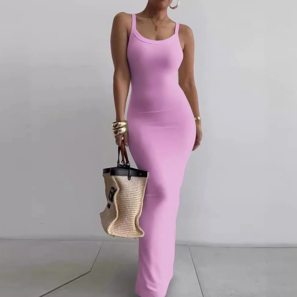 Women's Bodycon Maxi Dress Summer Sleeveless Long Dress For Beach Holiday Vacation Robes Femmes Solid Color Slim Fit Dresses - Seprincess