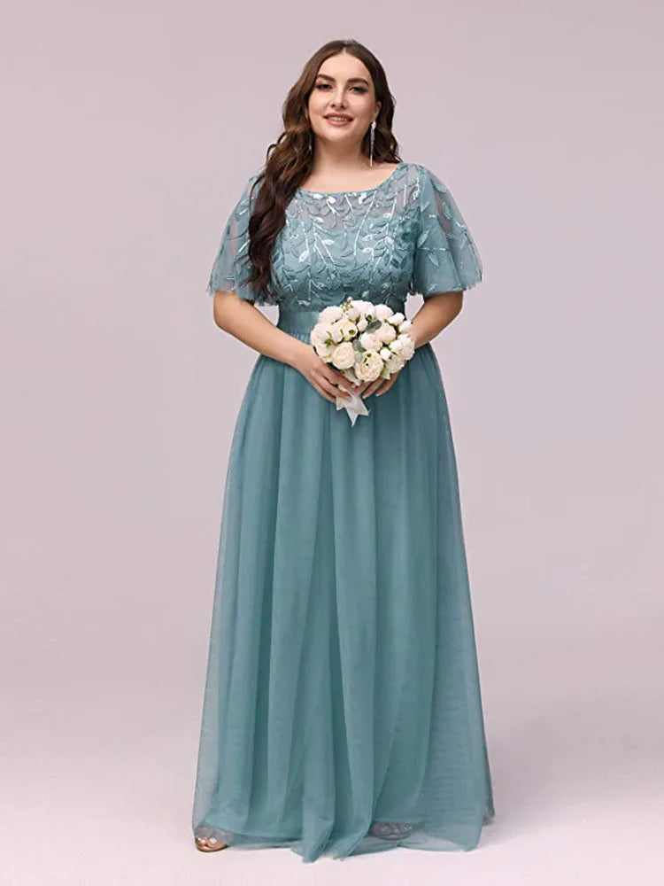 2023 NEW Plus Size Dress  Robe De Soiree Sparkle Evening Dresses Long A-Line O-Neck Short Sleeve LONG Formal Dresses