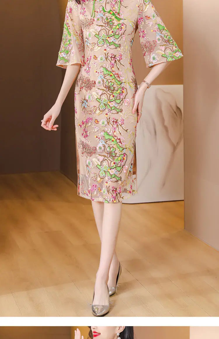 2024 new chinese improved elegant cheongsam woman summer national style gauze retro slimming embroidered half sleeve qipao dress