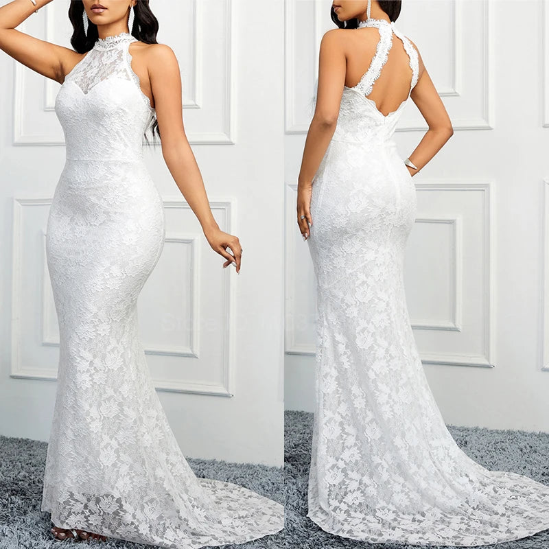 White Backless Lace-up Sexy Maxi Dress For Women Gown Summer New Spaghetti Strap Sleeveless Bodycon Party Long Dress - Seprincess