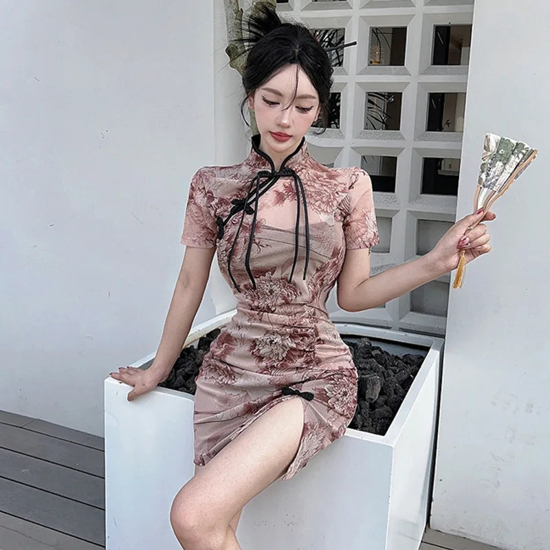 Chinese cheongsam summer high slim elegant flower long maxi dress hot sexy short skirt Korean fashion women Y2K clothing - Seprincess