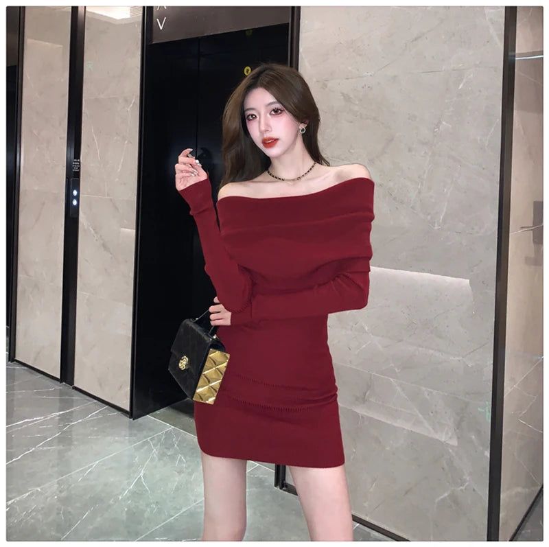 Sexy Slash Neck Mini Dress Women Vintage Elegant Black Wrap Sweater Dresses Winter Korean Red Off Shoulder Bodycon Vestidos New - Seprincess