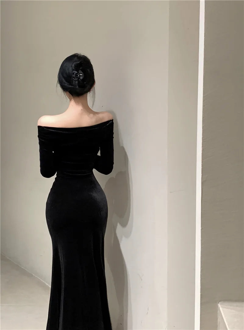 Women's Sexy Black Velvet Dress Elegant Chic Off Shoulder Lace Split Evening Party Dresses Autumn Female Bodycon Vestidos Mujer - Seprincess