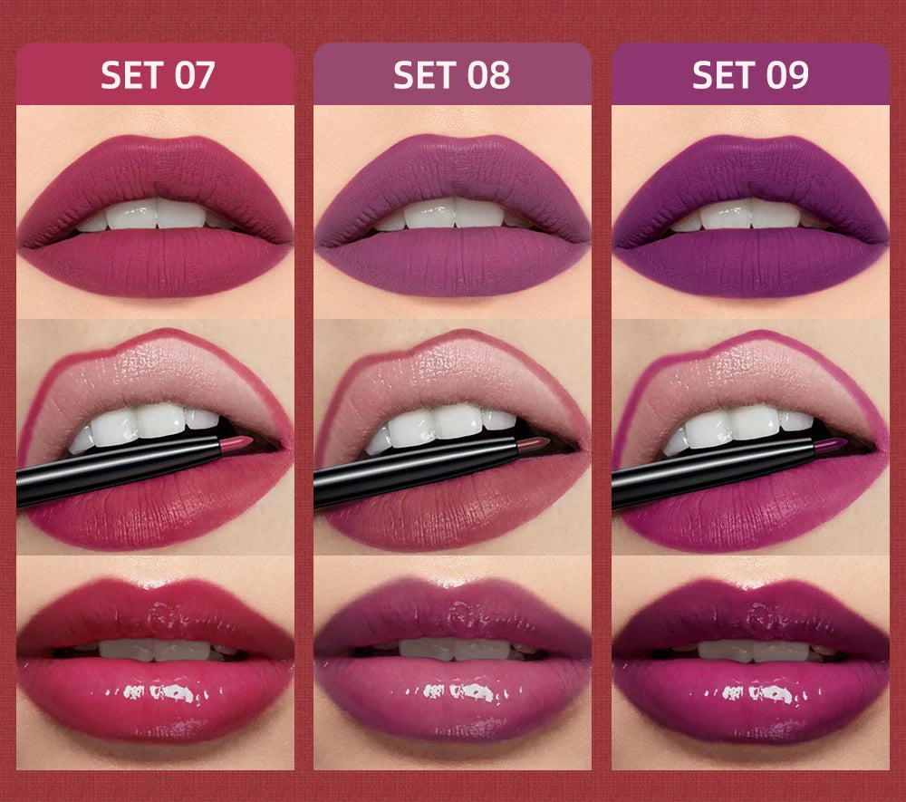 New 3pcs/set Liquid Lipstick+Lip Liner Long Lasting Cosmetic Black Brown Purple Red Matte Lip Gloss Nude Lip Tint Stain Makeup - Seprincess