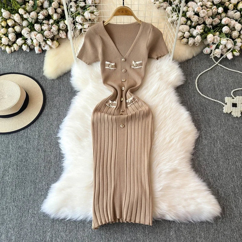 Elegant Knitted Long Dress Women Summer V Neck Single Breatsed Short Sleelve Bodycon Dresses Fashion Party Office Lady Vestidos - Seprincess