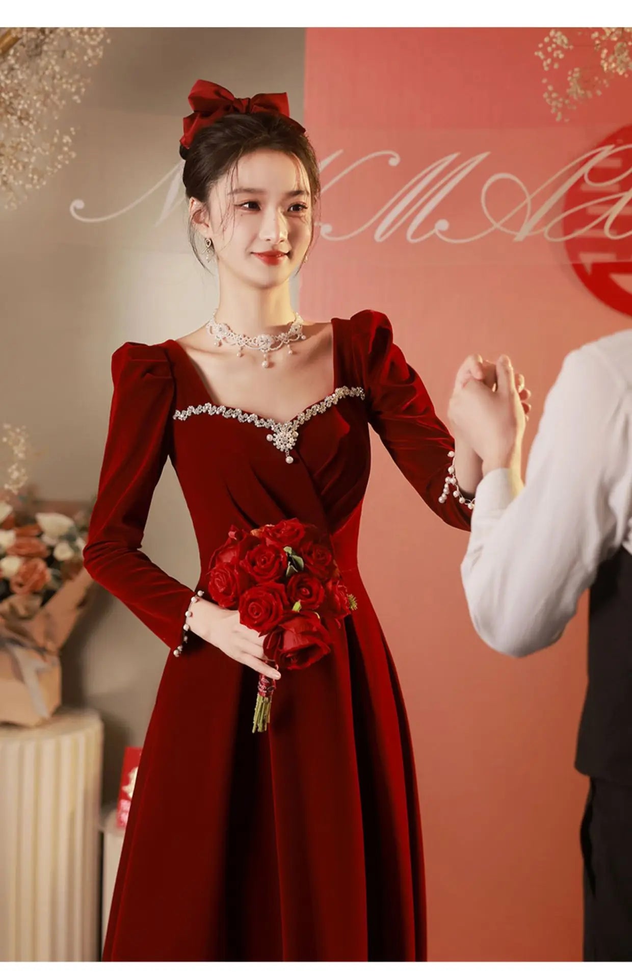 Burgundy Velvet Prom Dresses Square Collar Long Sleeve Pearl Crystal Long Engagement Dress Plus Size Female Formale Gowns - Seprincess