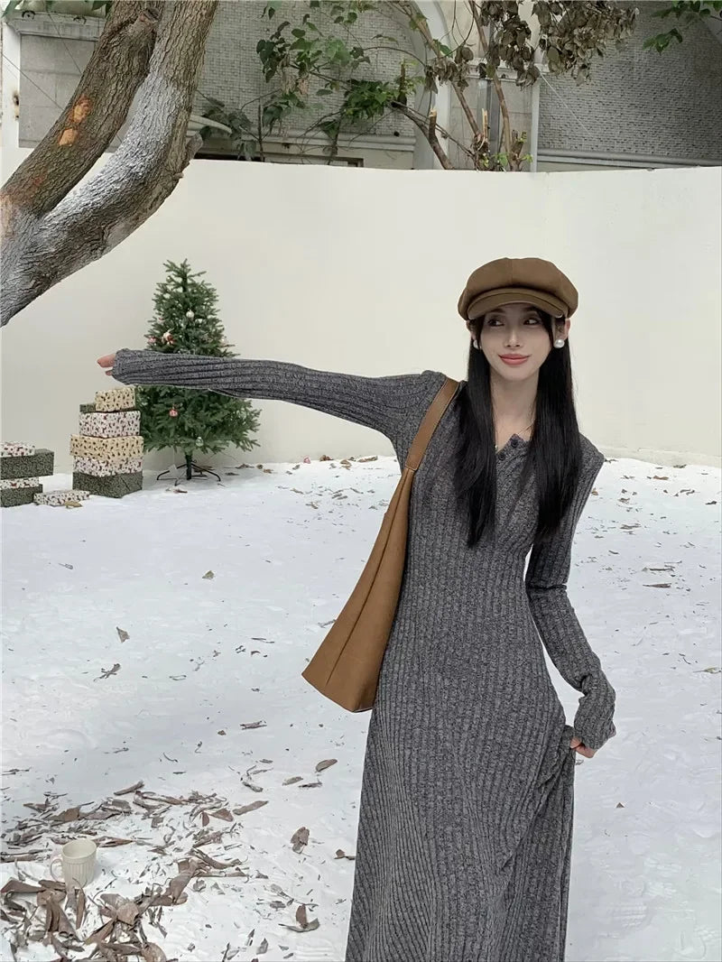 Vintage Versatile Knitted Long Sleeve Dress Women's Slimming A- line Skirt Autumn/winter Waist-fitted Long Dress