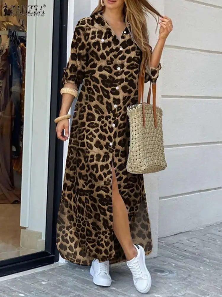 ZANZEA Women Leopard Print Dress Summer Autumn 2023 Half Sleeve Robe Split Sexy Long  Midi Shirt  Evening Dress Female Vestidos - Seprincess