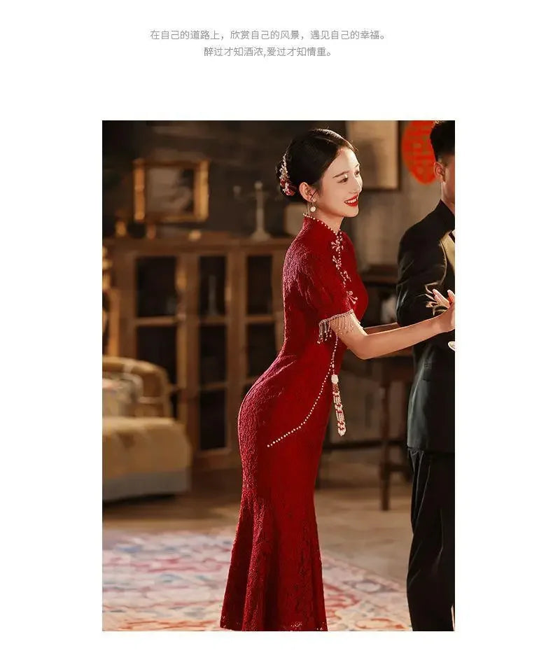 Mermaid Chinese Traditional Dress Red Wedding Bride Toast Clothing Sexy Ladies Cheongsam for Evening Party Woman Vintage Qipao - Seprincess