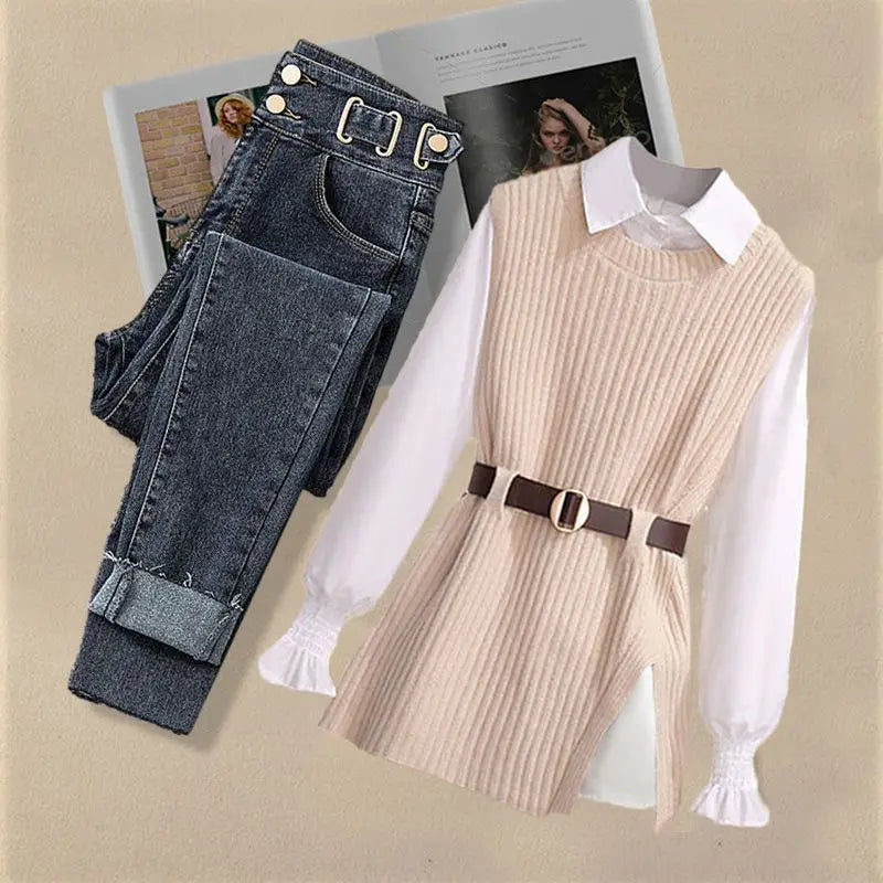 2024 Spring New Korean Elegant in Matching Set Women's Fashion Knitted Vest+Shirt+Jeans Three Piece Female Chic Denim Pants Suit - Seprincess