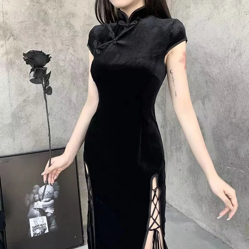 Vintage Black Gothic  Bandage Dress Sexy Cheongsam High Split Velvet Dress Spring Retro Long Qipao Women Aesthetic Dresses - Seprincess