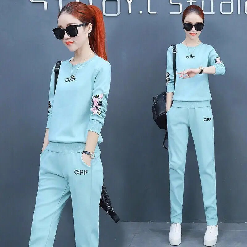 2022 Summer New Daisy Loose Pants Suit Women's Track Korean Version Splicing Long Sleeved Top and Trousers Two Piece Set - Seprincess