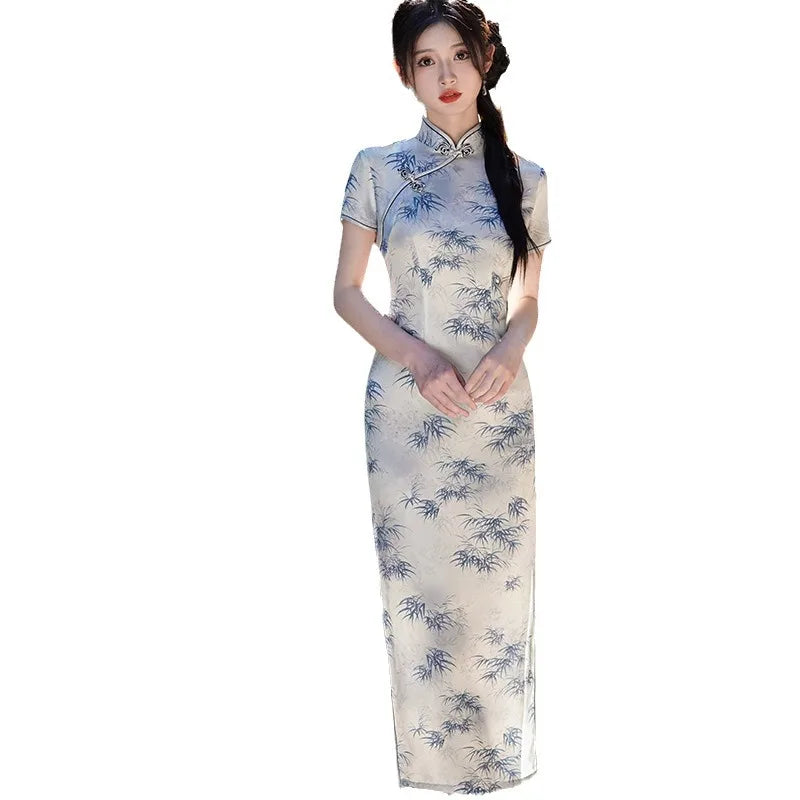 Summer Handmade Printed Satin Long Qipao Traditional Chinese Mandarin Collar Short Sleeve Cheongsam - Seprincess