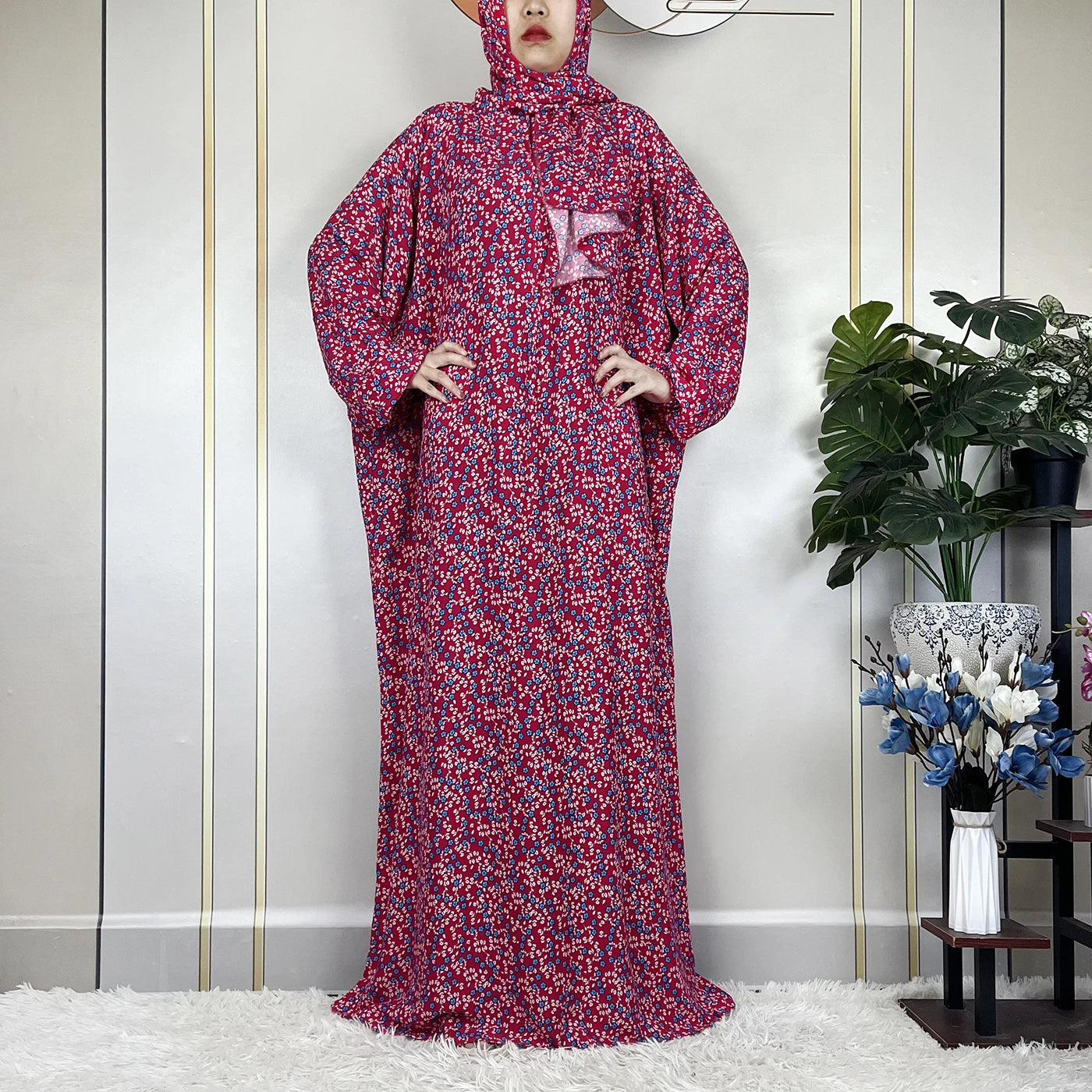 2024Latest Muslim Abayas For Women Ramadan Prayer Maxi Dubai Turkey Femme Cotton Robe Floral Loose African Dress Turban Attached