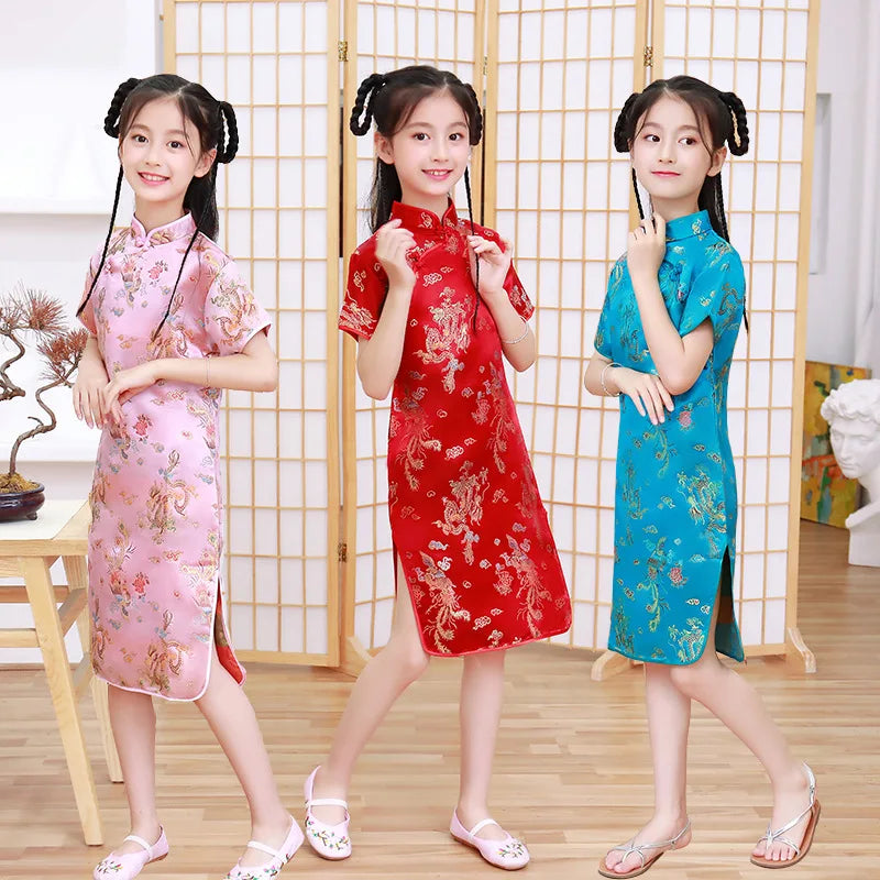 Summer Children Cheongsam Dragon Phoenix Embroidery Qipao Princess Dress Chinese Style Dresses New Year Qipao Gift Tang Clothes - Seprincess